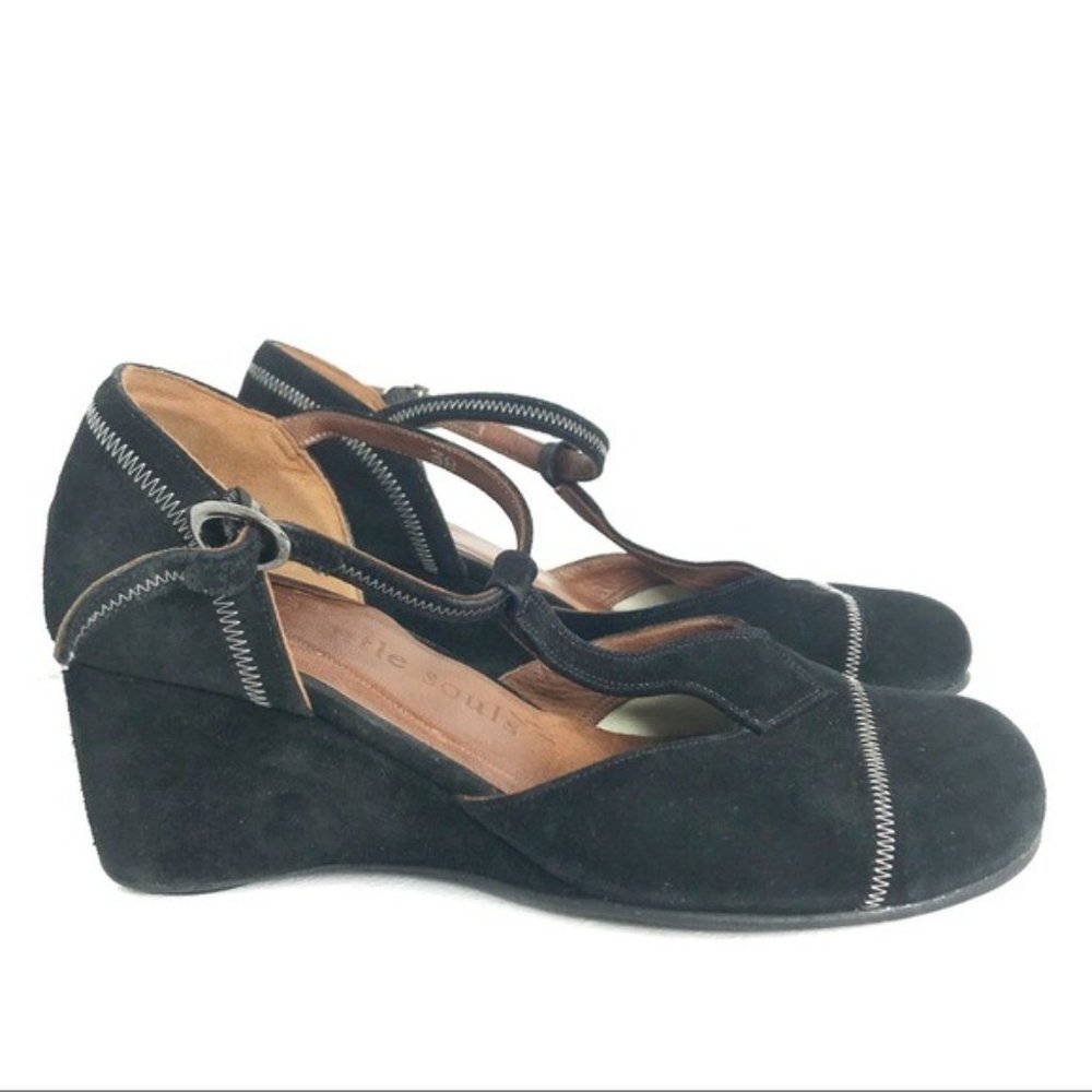 Gentle Souls Black Suede Mary Jane Wedge Sandals